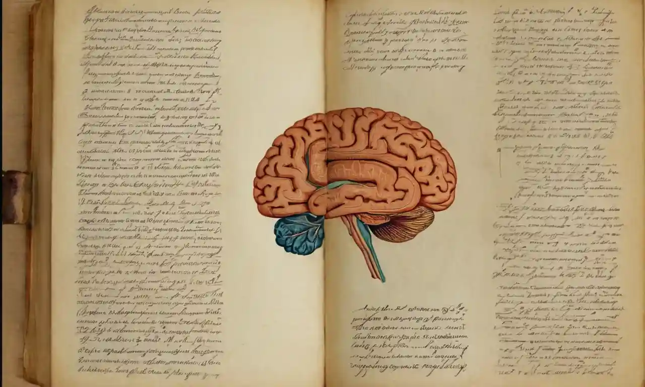 Una vieja página de libro con notas escritas a mano e ilustraciones del cerebro humano.