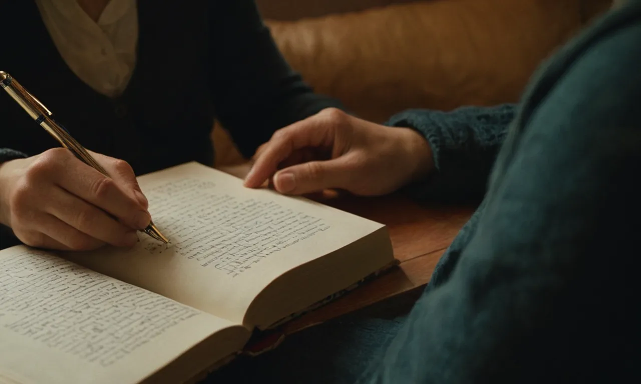 Una persona sentada con un libro y un bolígrafo, rodeada de citas y notas literarias.