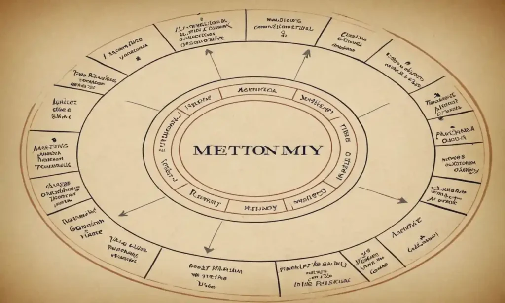 Un diagrama que ilustra el concepto de metonimia con palabras o objetos relacionados entre sí en un círculo.