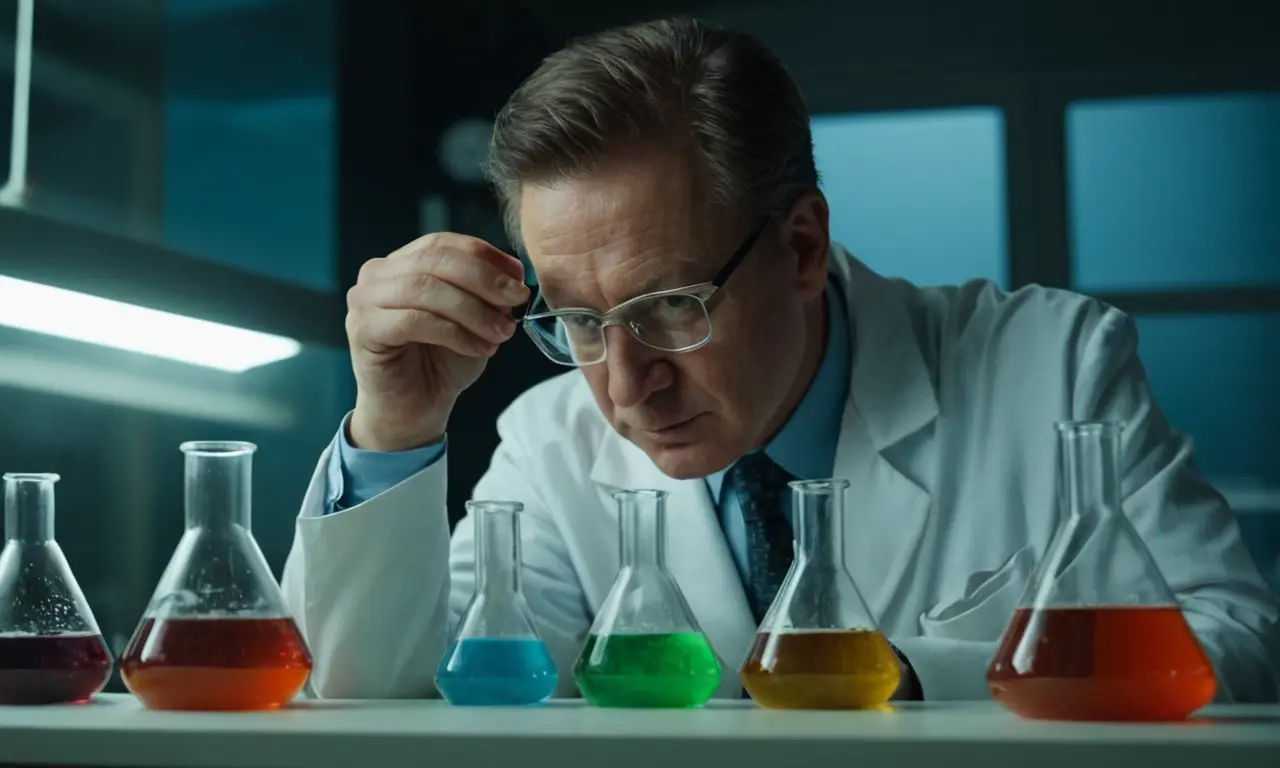 Un científico observando un beaker con una mezcla de diferentes sustancias.