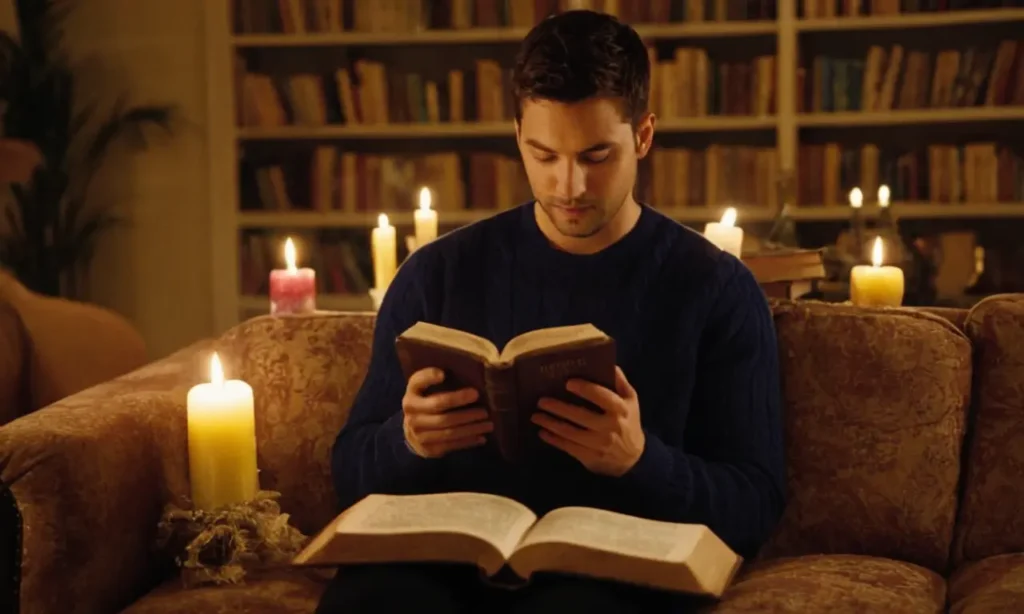 Una persona leyendo la Biblia en un sofá rodeado de libros y velas.