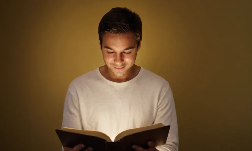 Una persona leyendo un pasaje bíblico con una sonrisa sutil.