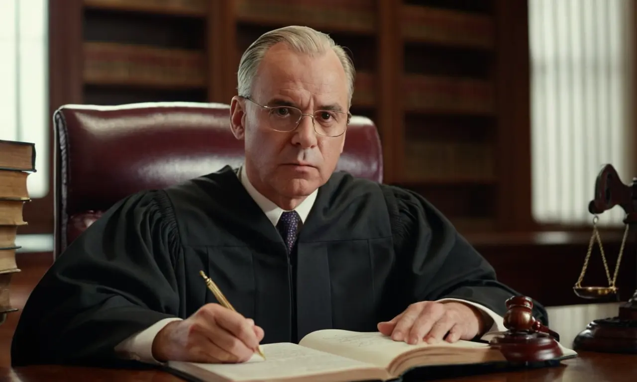 A lawyer or judge surrounded by legal books and documents with a serious expression.