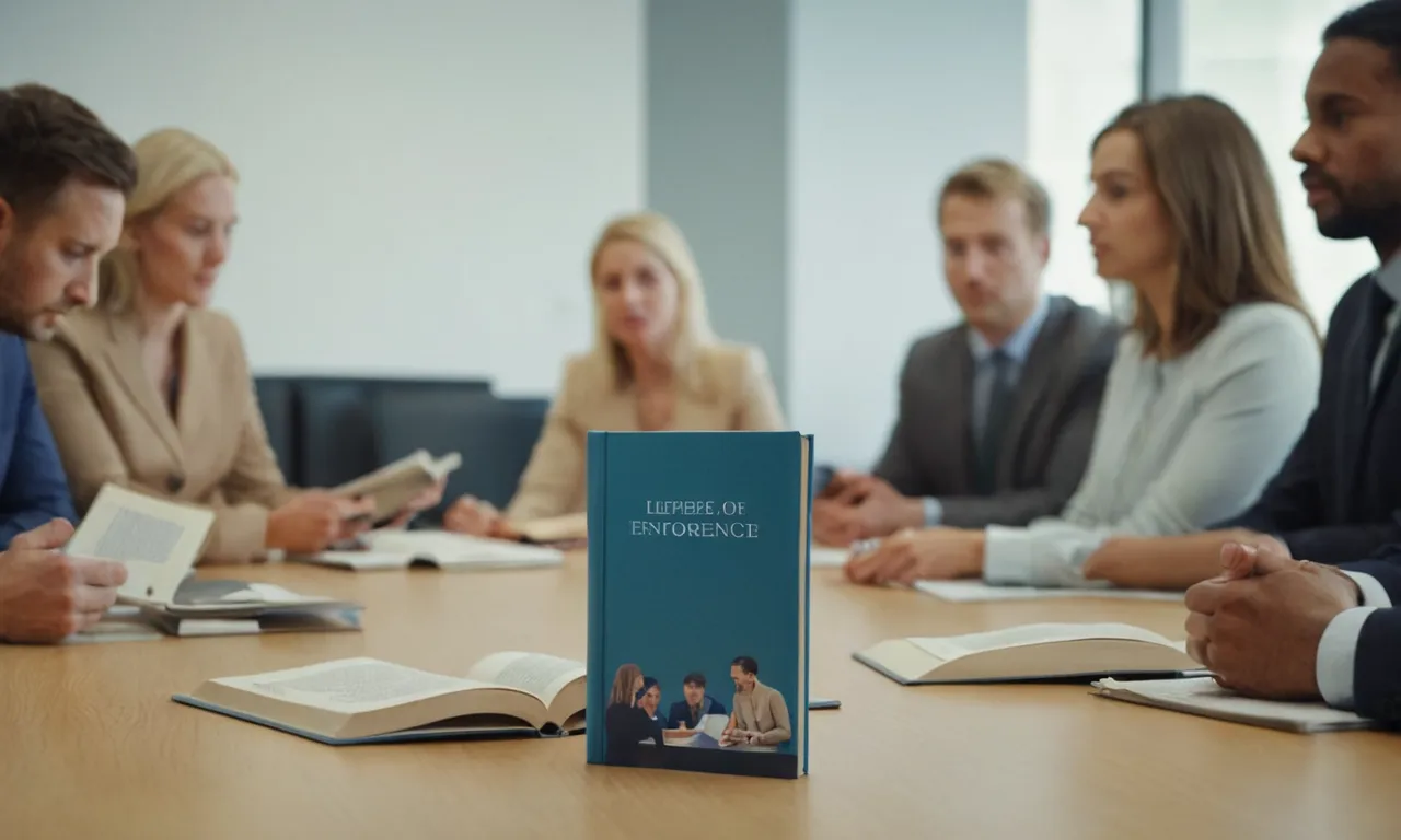 Colleagues de diferentes departamentos se reunieron alrededor de una mesa de conferencias, con una cubierta de libro en primer plano y un fondo borroso de oficinas.