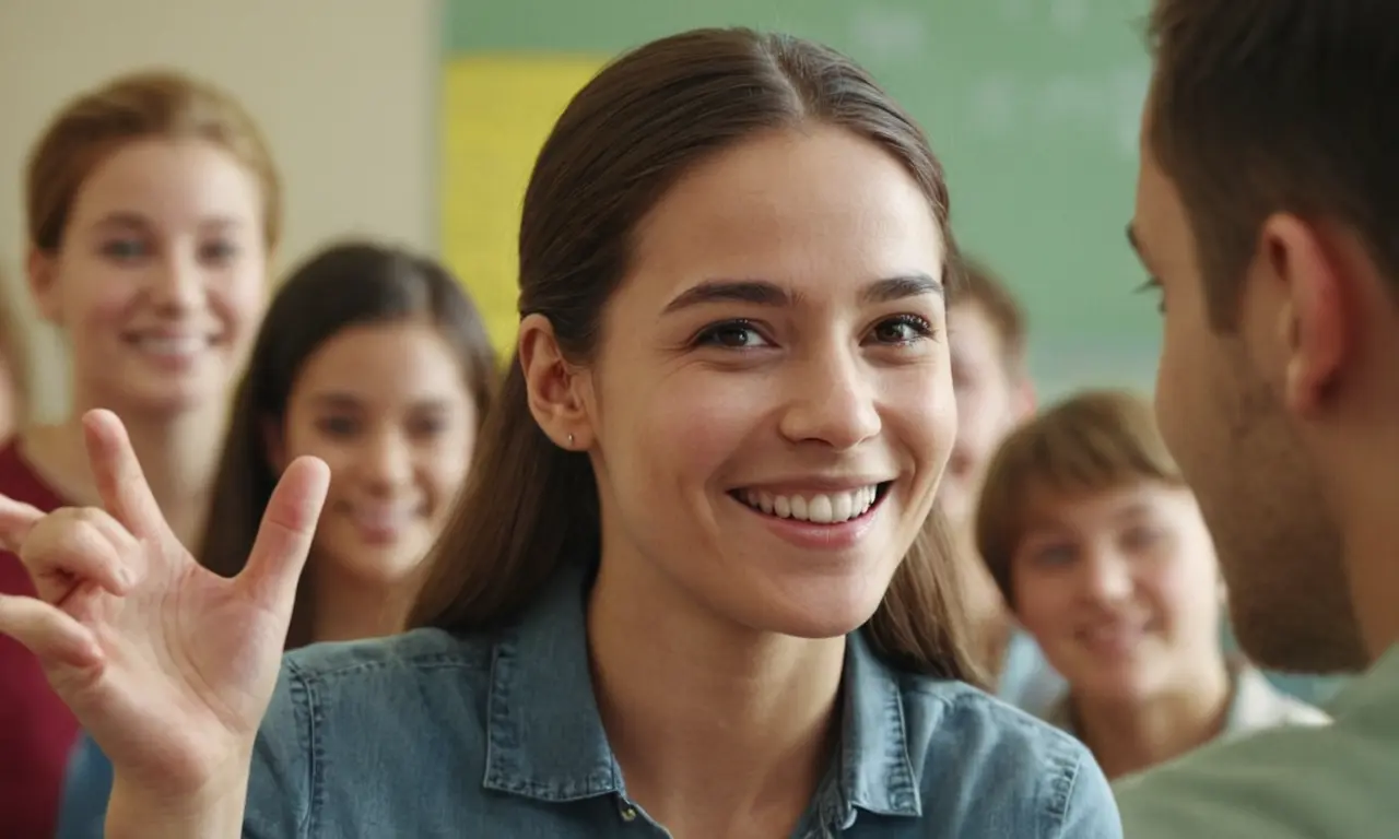 Una persona sonriendo en un entorno de grupo, con un fondo sutil de la escuela o el ambiente de trabajo.