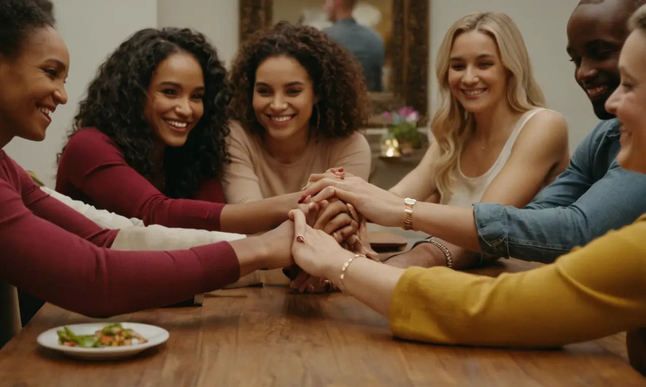 Un grupo de personas de diversos orígenes se reunieron alrededor de una mesa, agarrando las manos y sonriendo.