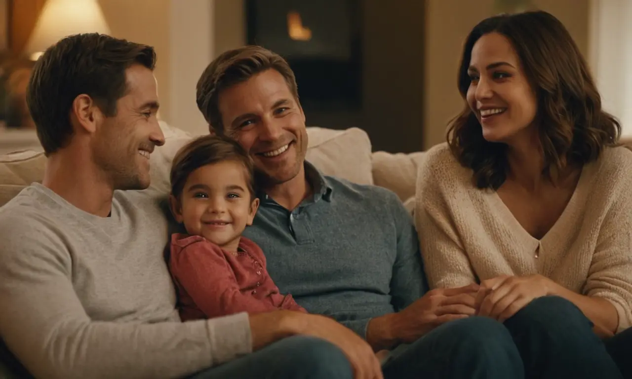 Una familia sonriendo juntos en un acogedor salón.