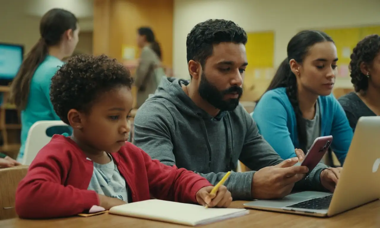 A group of people from different environments (school, family, work) using technology while following guidelines.