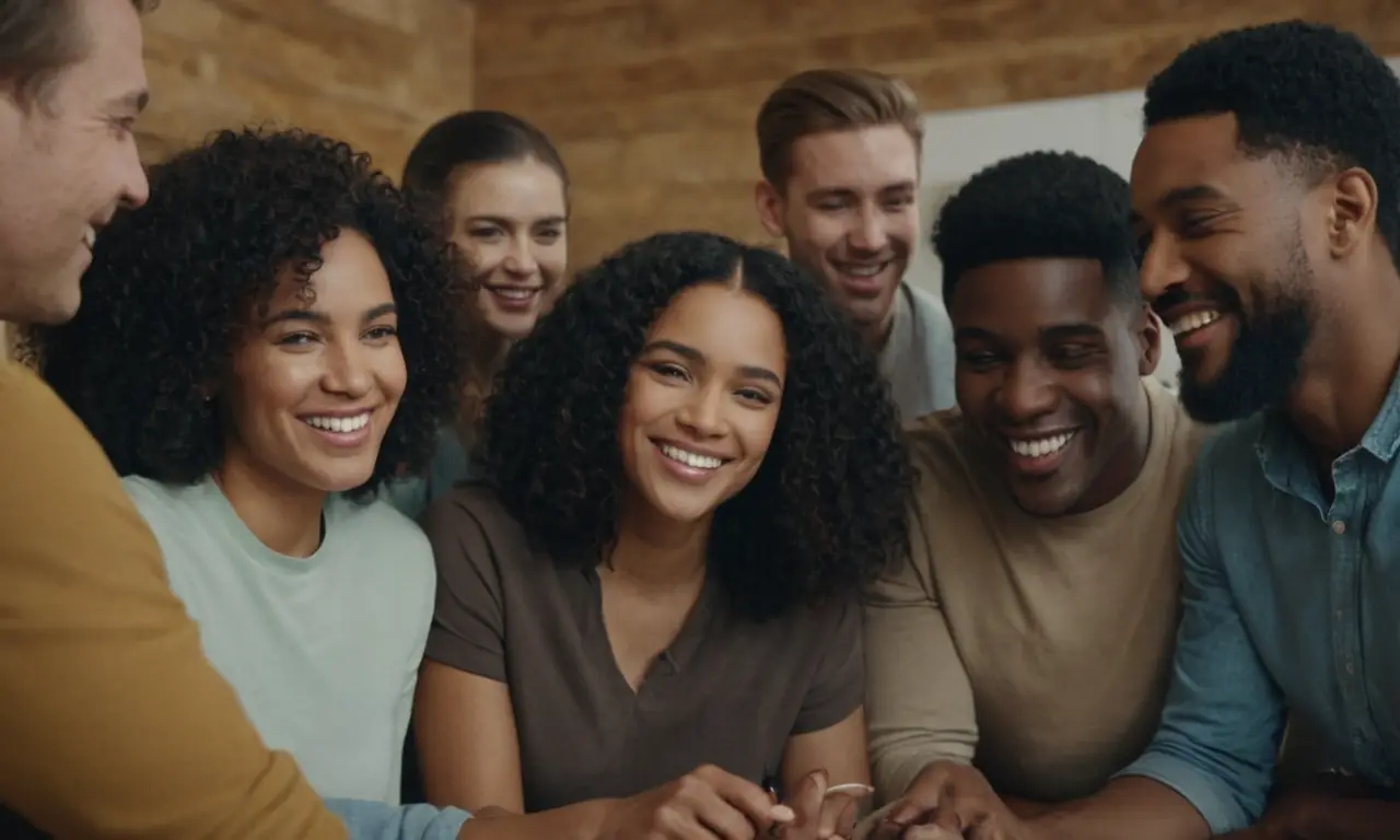 Un grupo de personas de diversos orígenes trabajando juntos y sonriendo en un ambiente armonioso.