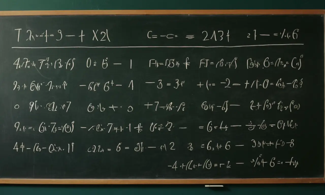 Un símbolo de ecuación en una pizarra con fórmulas matemáticas y números.