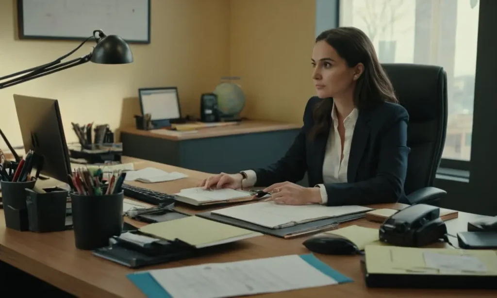 A person sitting at a desk with office equipment surrounding them