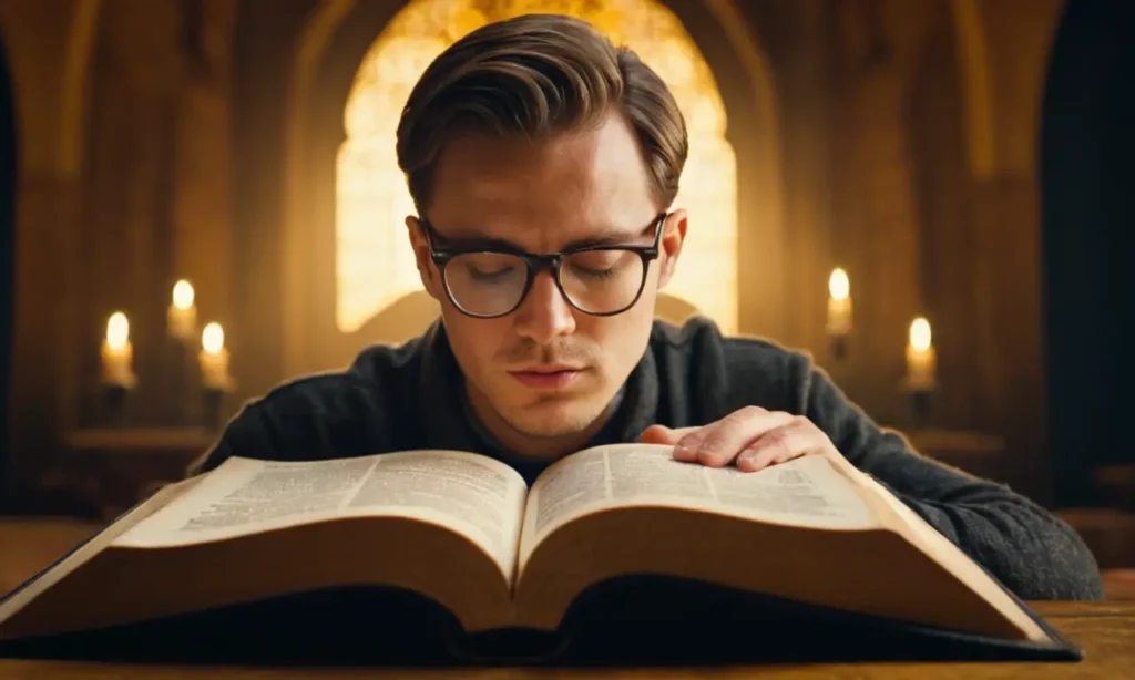 Una persona leyendo la Biblia con una ilustración llamativa de un libro abierto y un par de gafas.