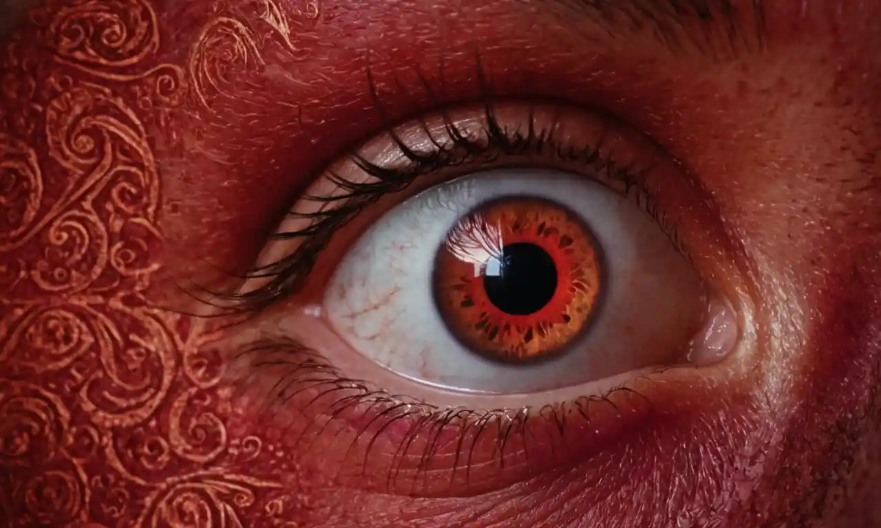 Un ojo rojo vibrante rodeado de patrones y símbolos de la cultura turca.