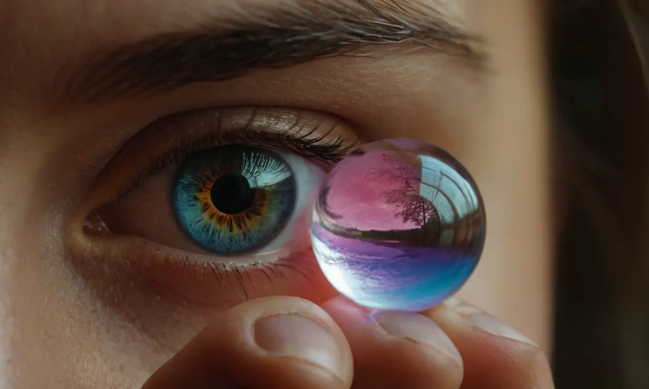 Una persona mirando en una bola de cristal en forma de ojo con colores giratorios.