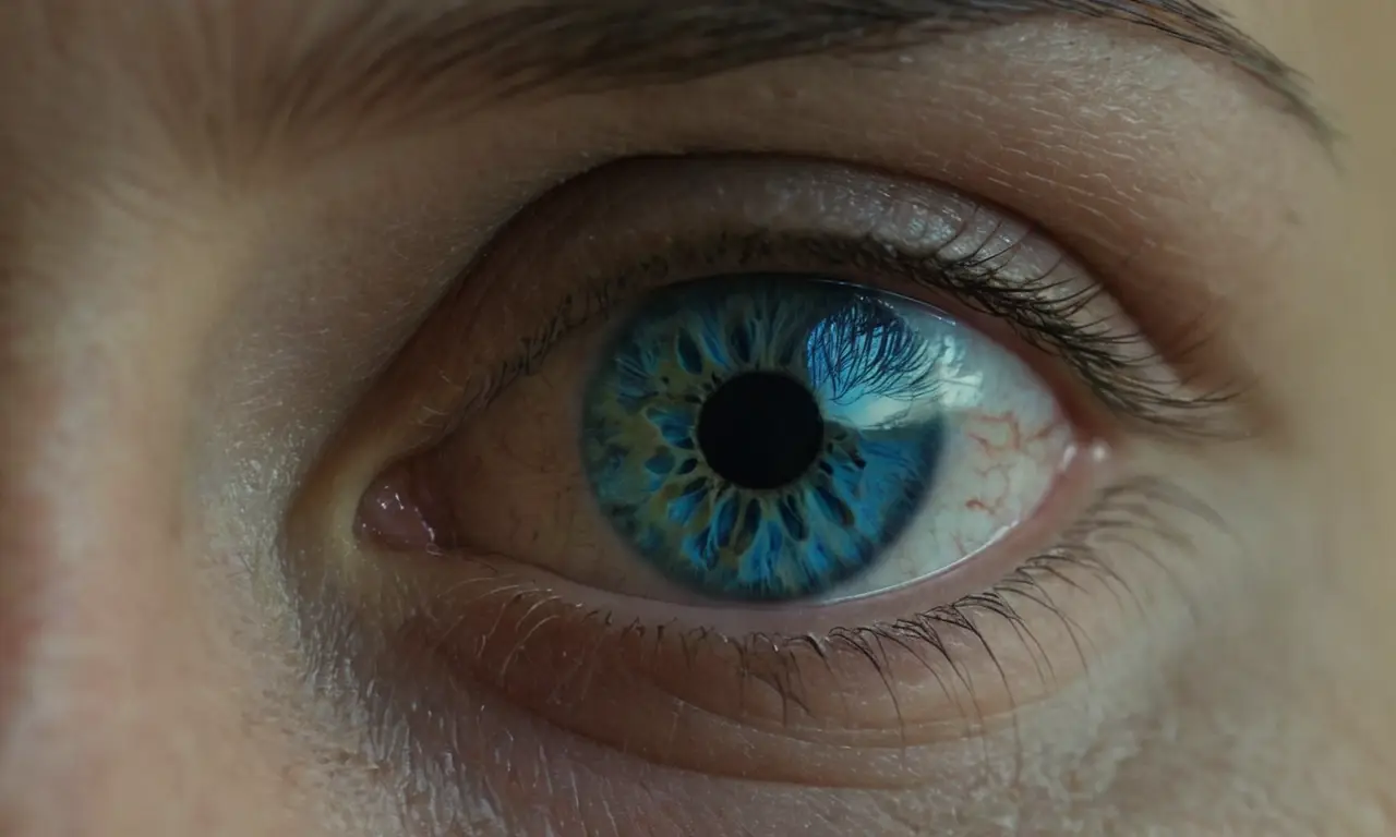 Una persona mirando en el Ojo Azul de Turquía, rodeado de colores y patrones giratorios.