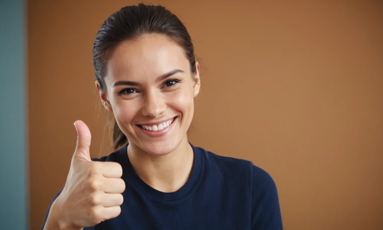 Una persona sonriendo, dando un pulgar hacia arriba con un signo de mano OK en el fondo.