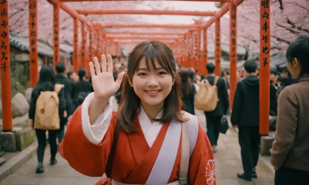 Una chica japonesa sonriendo y saludando