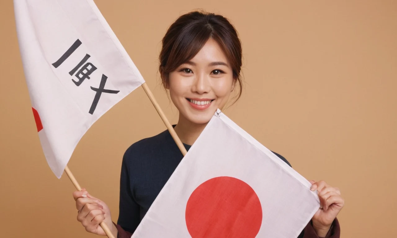 Una persona sonriendo mientras sostiene una bandera de estilo japonés con las palabras Oki Doki escrita en ella.