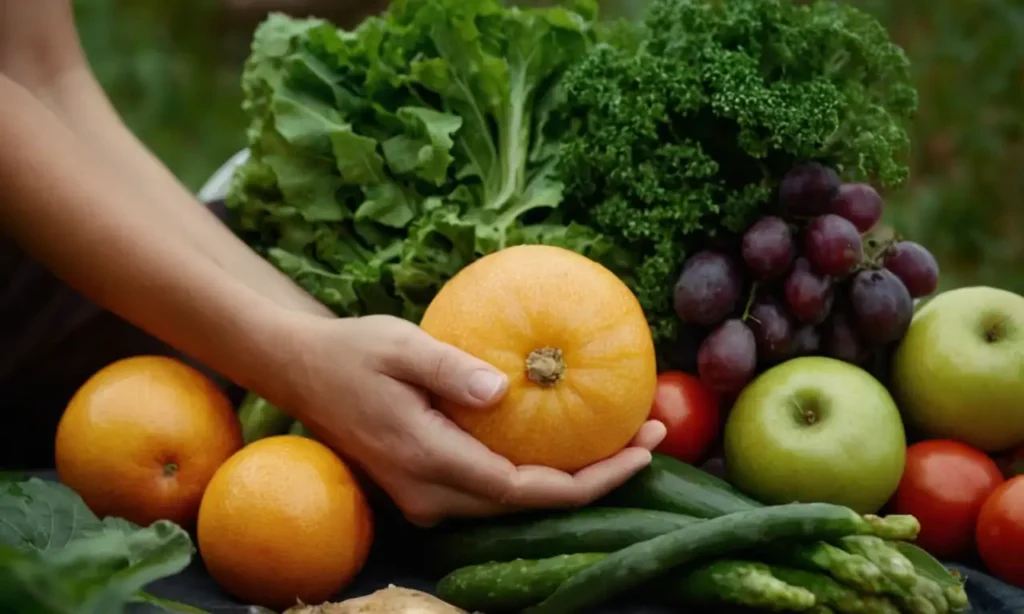 Una persona que sostiene una fruta orgánica o vegetal rodeada de elementos naturales.