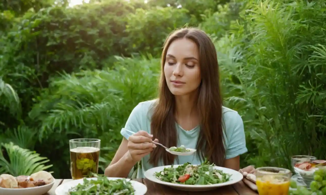 Una persona disfrutando de una comida orgánica al aire libre con exuberante vegetación.