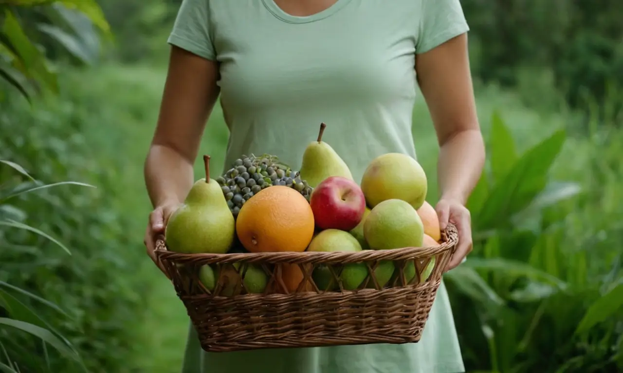 Una persona que sostiene una cesta de fruta orgánica en medio de un ambiente verde exuberante.