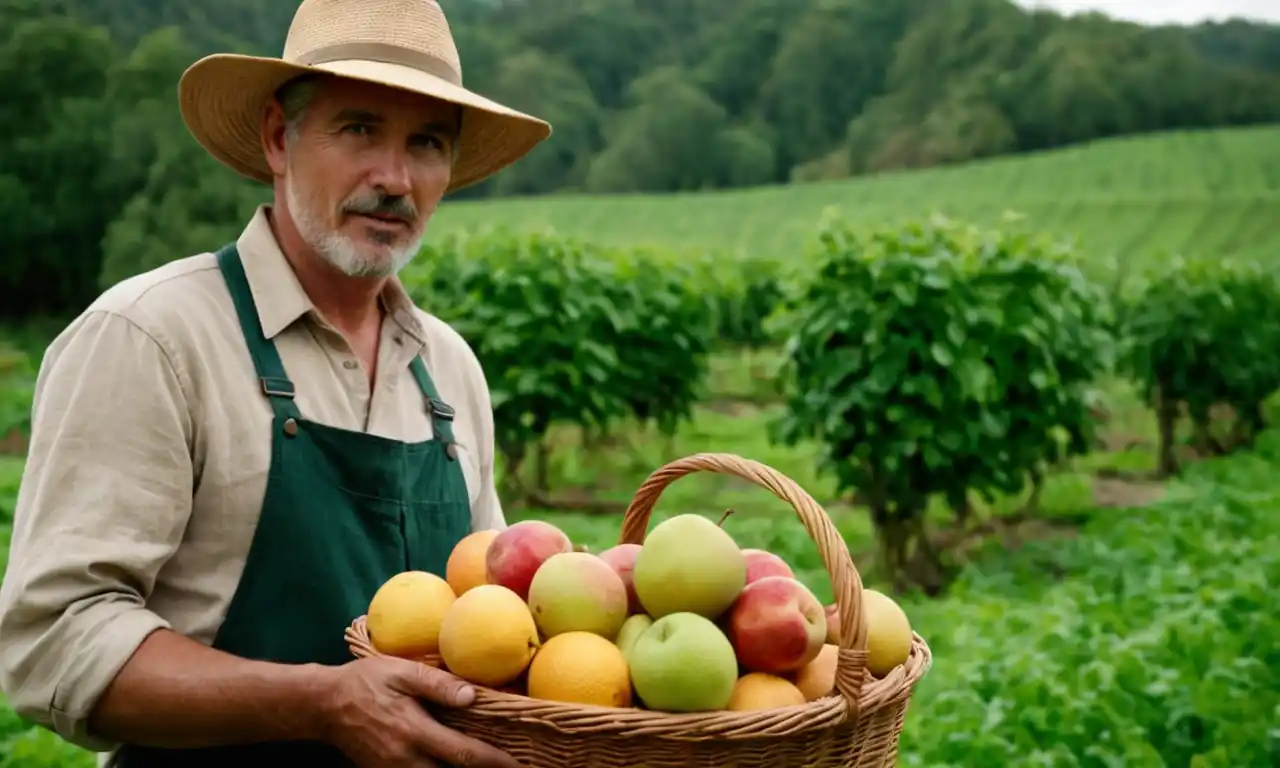 Un agricultor sostiene una cesta de frutas orgánicas frescas frente a una exuberante granja verde.