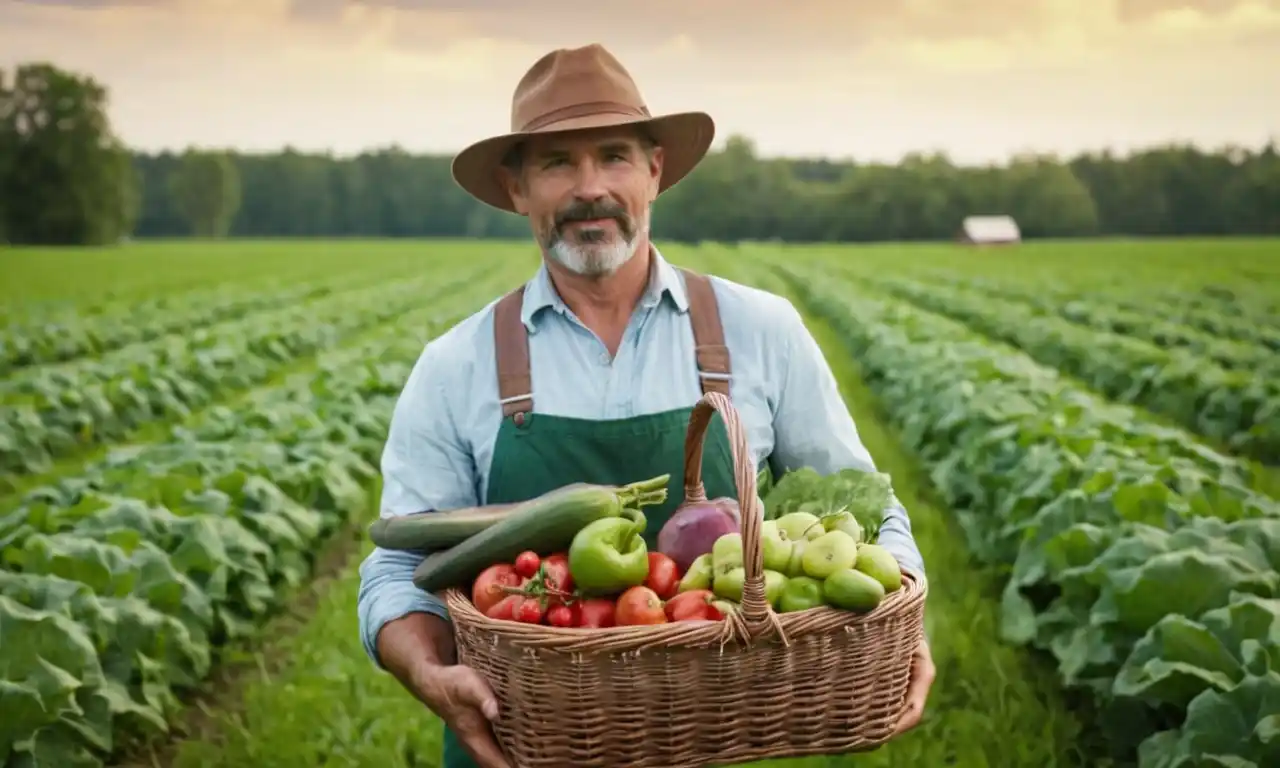 Un agricultor que sostiene una cesta de productos orgánicos frescos en un exuberante campo verde.