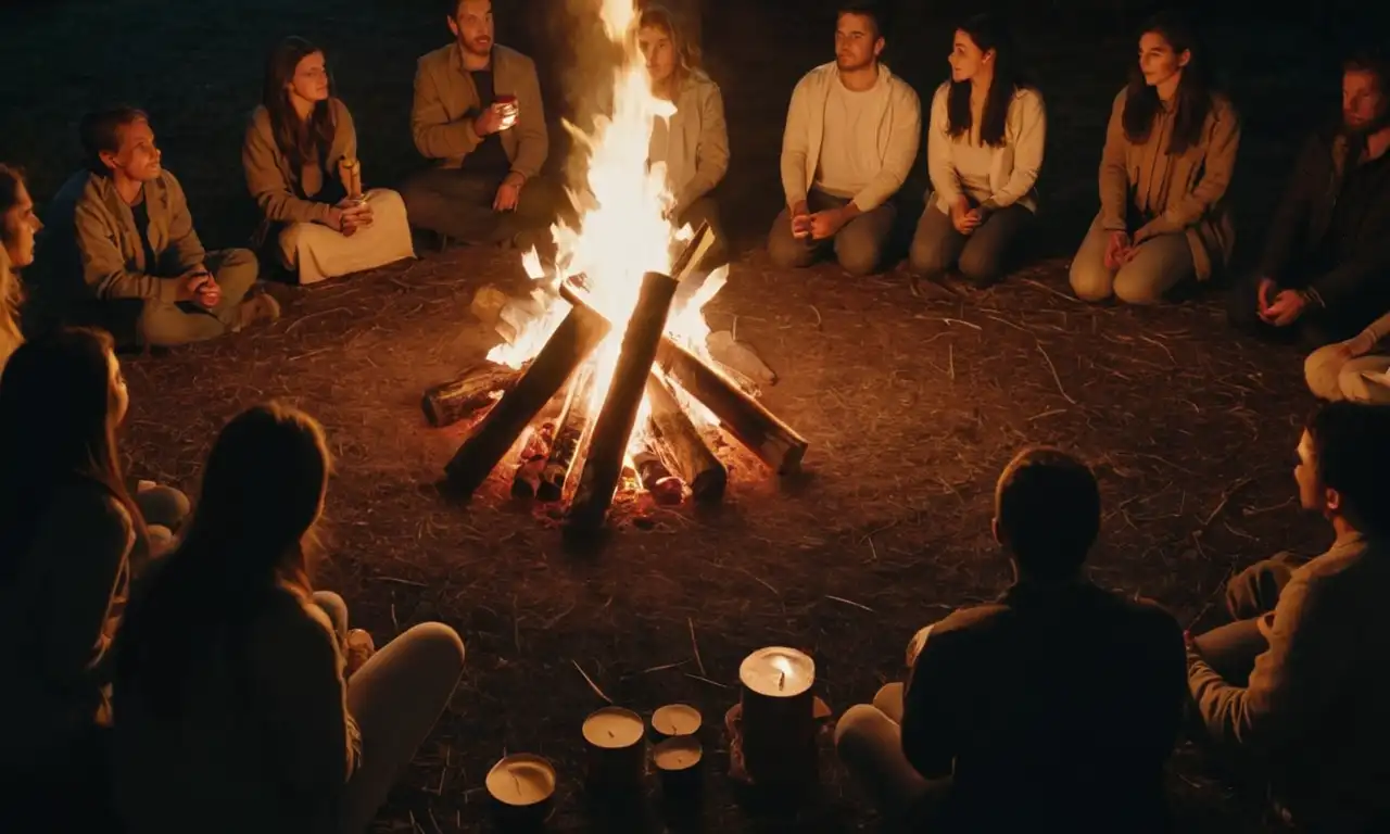 Un grupo de personas se reunieron alrededor de una hoguera, rodeada de velas y artículos rituales.