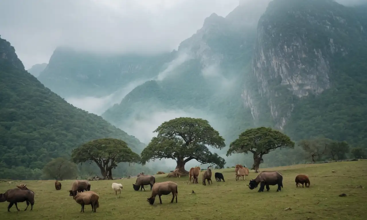 Antiguos árboles y animales en medio de montañas de la misty, con símbolos y rituales en el fondo.