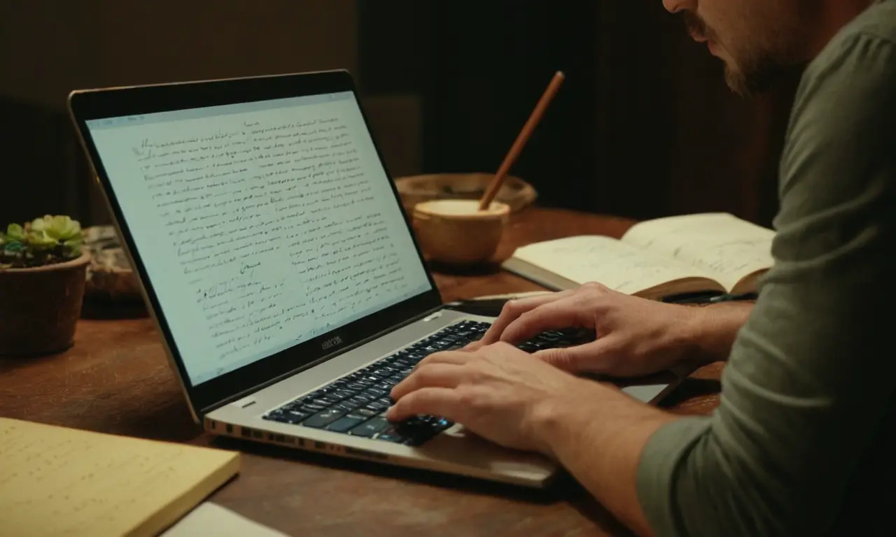 Un escritor escribiendo en un portátil con un libro abierto y anotaciones en el fondo.