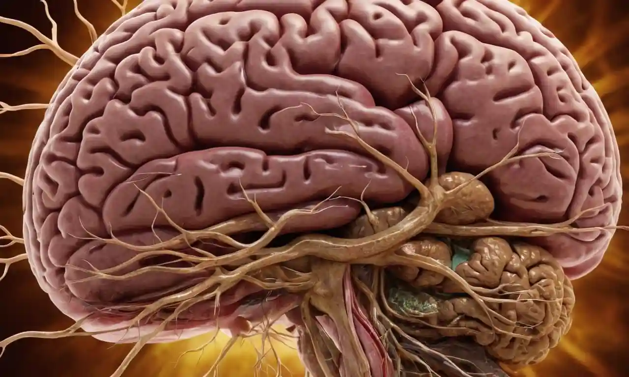 Una ilustración cerebral humana con componentes destacados del sistema nervioso periférico y glándulas endocrinas.