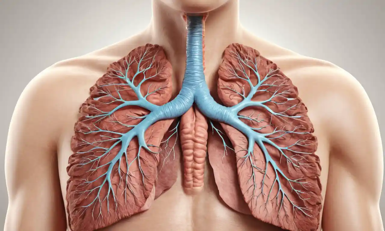 Una ilustración detallada del sistema respiratorio humano, incluyendo pulmones y vías respiratorias.