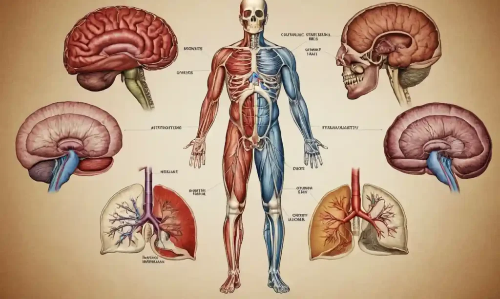 Un diagrama de figura humana que resalta varios órganos y sistemas.