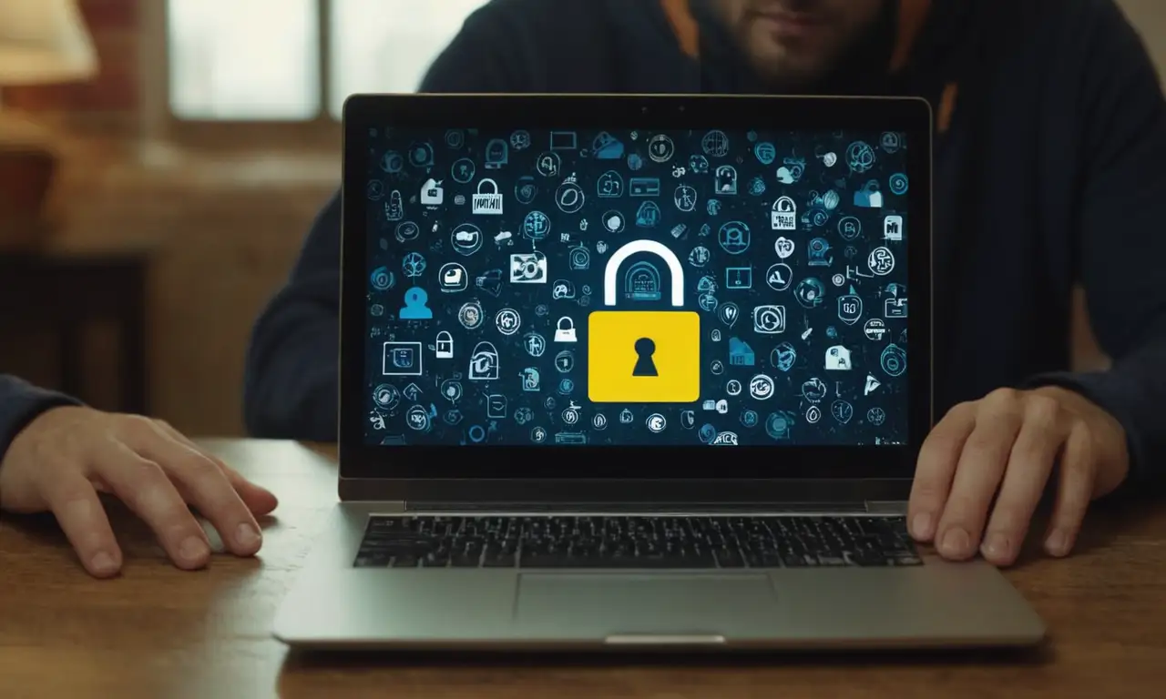Una persona que intenta conectarse en un portátil con múltiples iconos de bloqueo y advertencia alrededor.