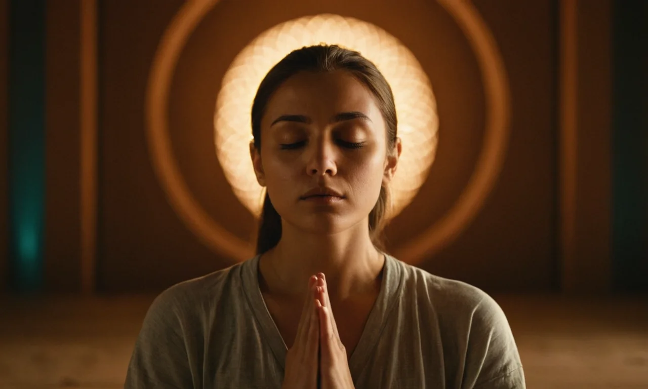 Una persona meditando con sus ojos cerrados, rodeado de formas sutiles y brillantes.