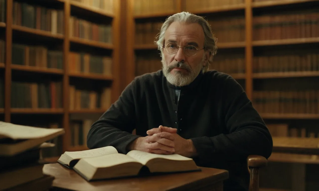 Un filósofo sentado en una biblioteca rodeado de libros y notas, con una expresión de pensamiento.