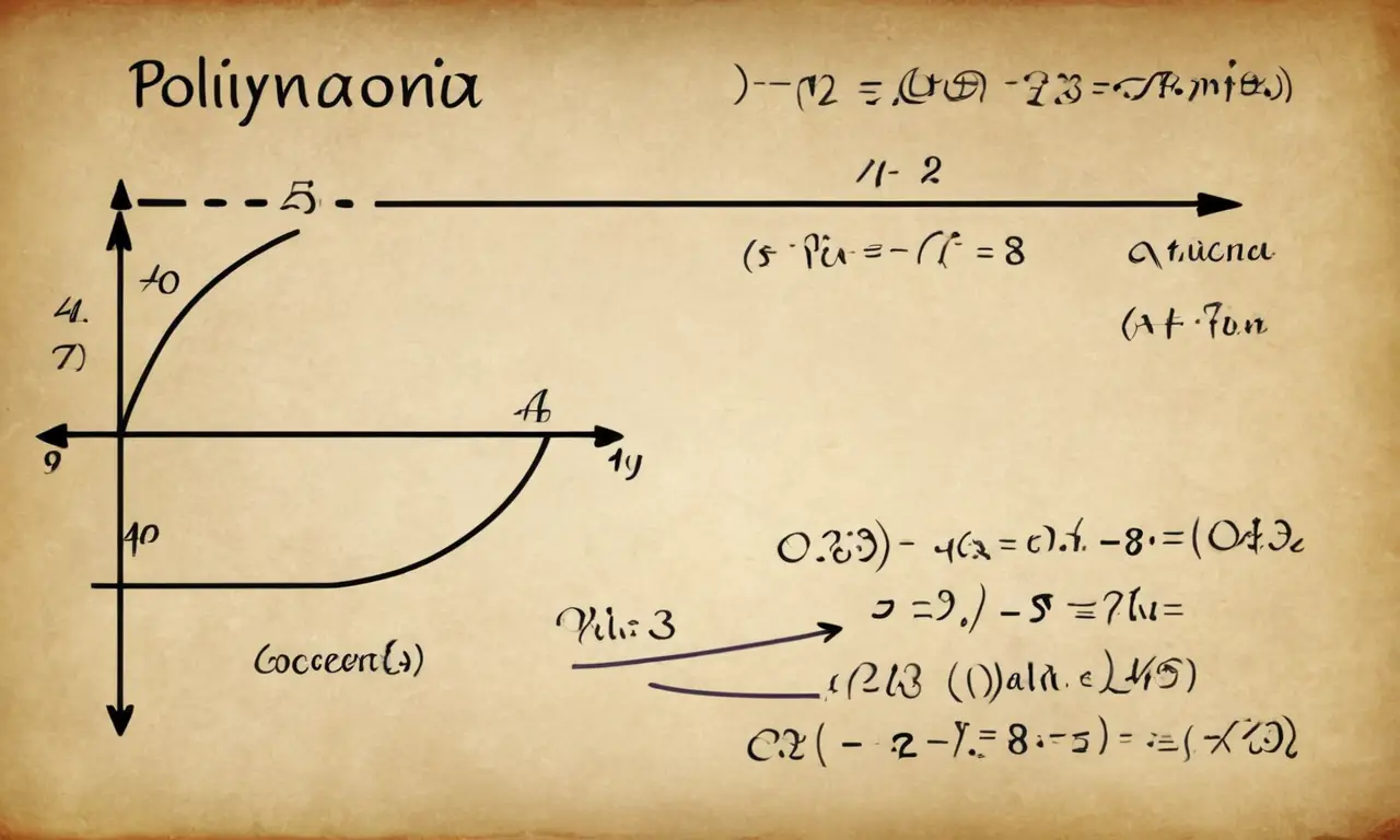 Un diagrama que muestra la estructura y componentes de una ecuación polinomio con fórmulas matemáticas y conceptos en el fondo.