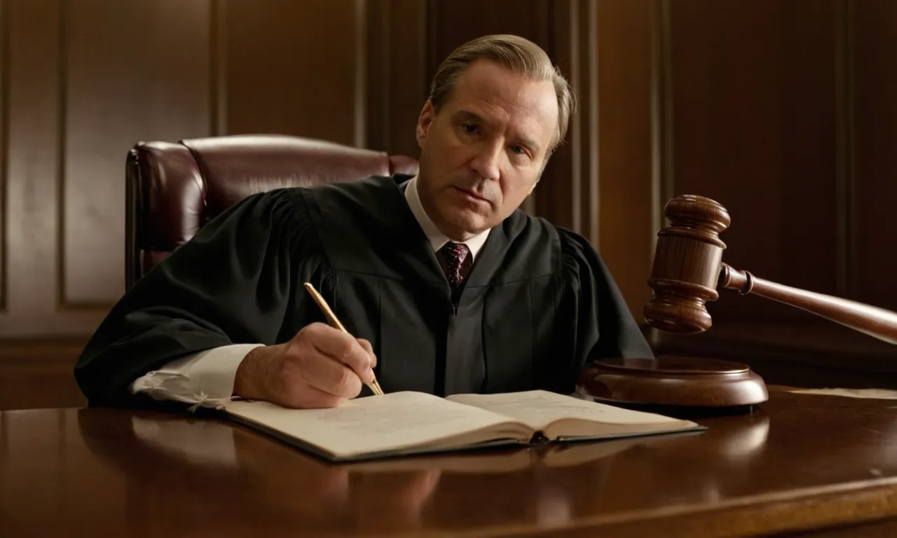 A lawyer or judge in a courtroom with legal documents and gavel.