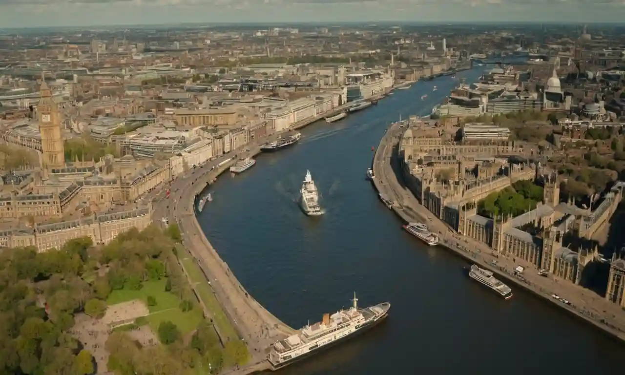 Un mapa que muestra al meridiano principal pasando por Londres, con barcos y herramientas de navegación en el fondo.