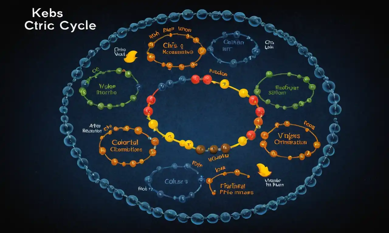 Un diagrama del ciclo de ácido cítrico (ciclo de krebs) con estructuras moleculares y reacciones químicas.