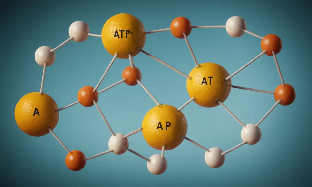 Estructura molecular de ácido cítrico y ATP rodeada de flechas que representan las reacciones químicas en el ciclo Krebs.