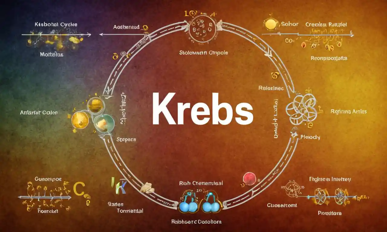 Un diagrama que ilustra el proceso del ciclo Krebs, rodeado de símbolos y fórmulas bioquímicas.