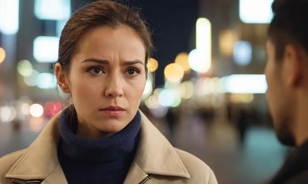 Una persona con una mirada fría y calculadora expresión en el fondo de luces de ciudad borrosas.