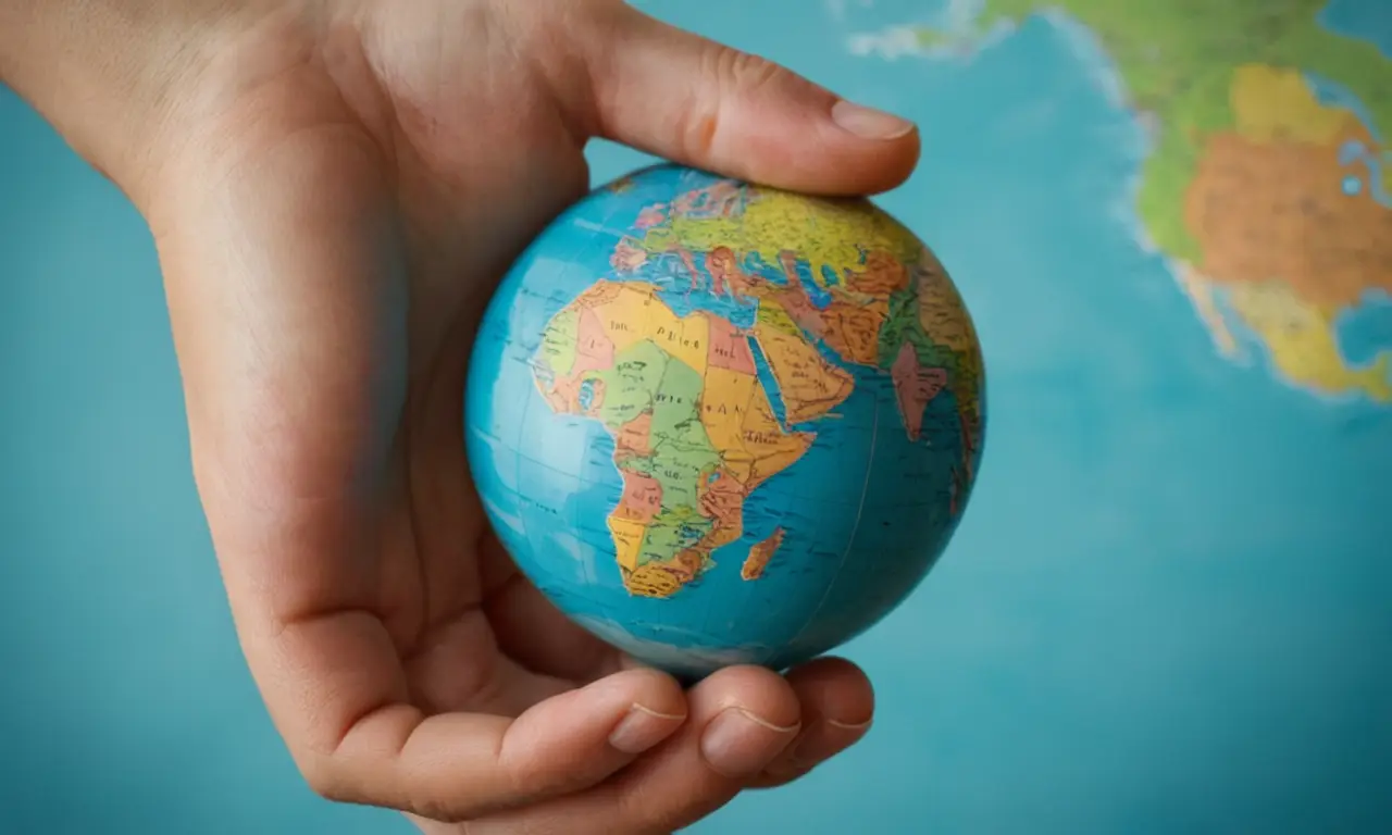 Una persona sostiene un globo con una bandera sutil o mapa en el fondo.