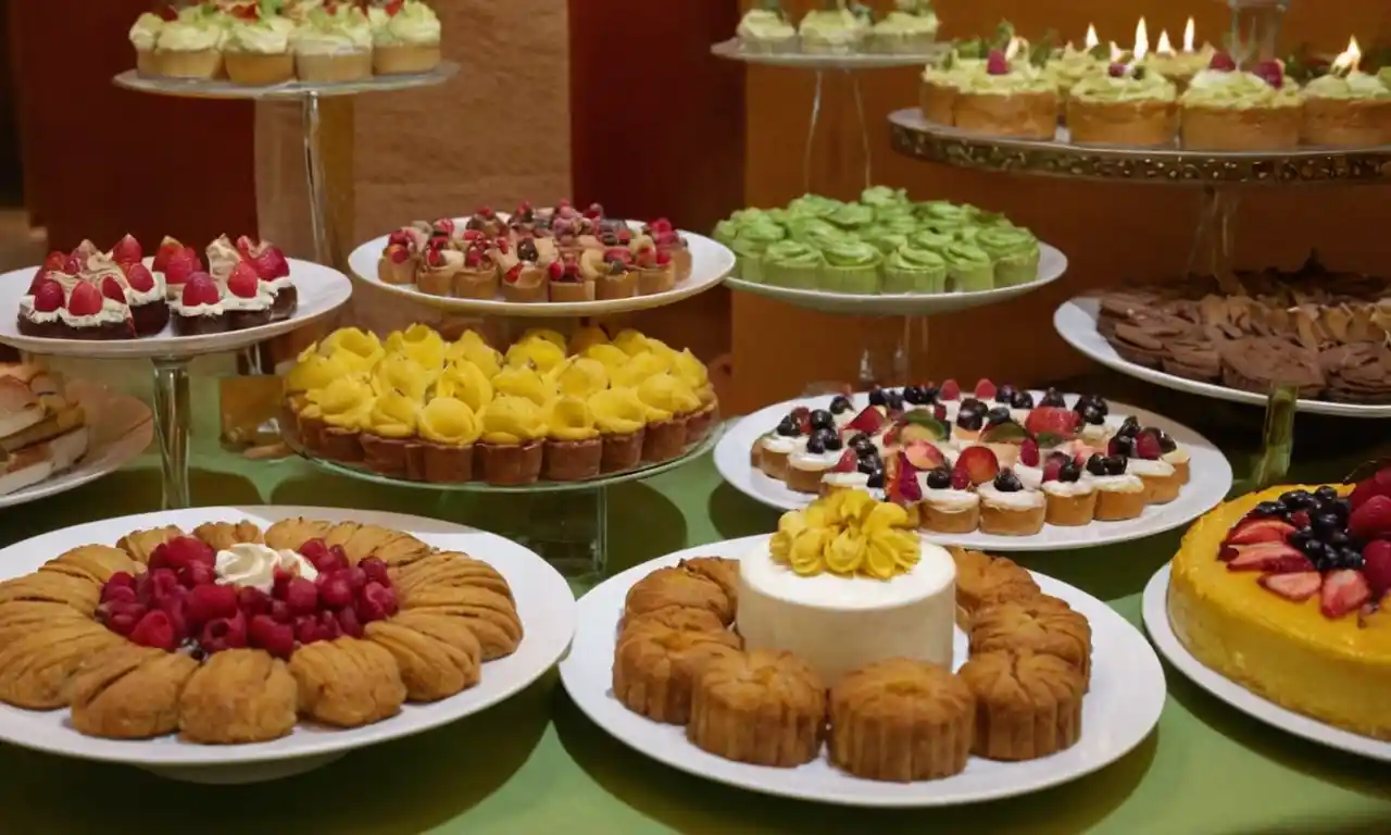 Una pantalla colorida de varios platos y postres en una mesa de buffet.