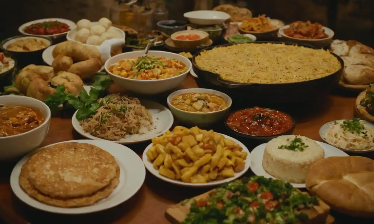 Una mesa llena de diversos alimentos de diferentes cocinas.