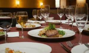 Una mesa con diferentes platos y vasos en un restaurante buffet.