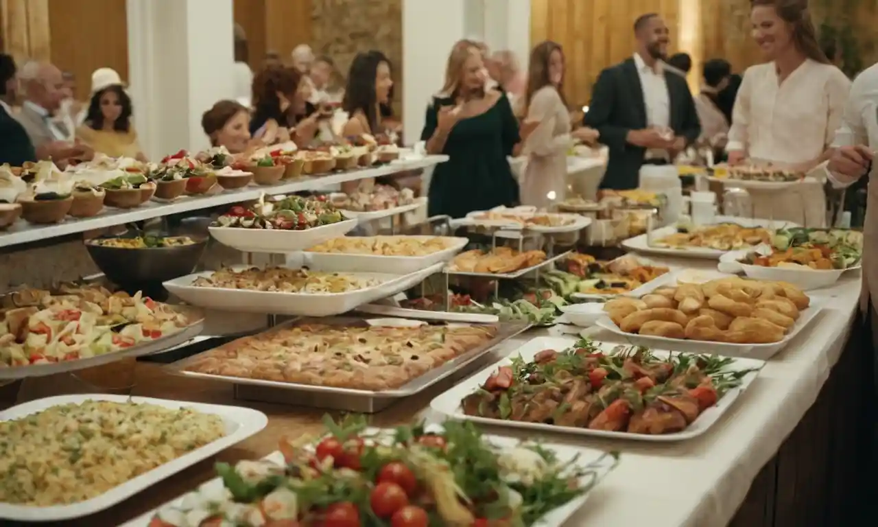 Una amplia variedad de alimentos en una mesa de buffet con alegres comedores en el fondo.