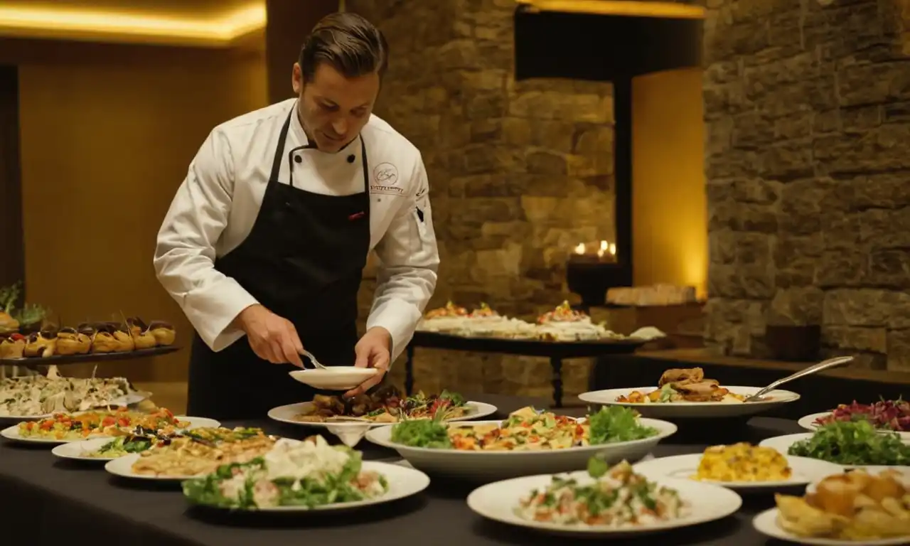 Un chef expertamente presentando un buffet en un evento.