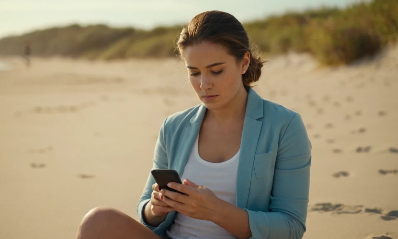 Una persona sentada sola en una playa, mirando un teléfono con una expresión confusa.